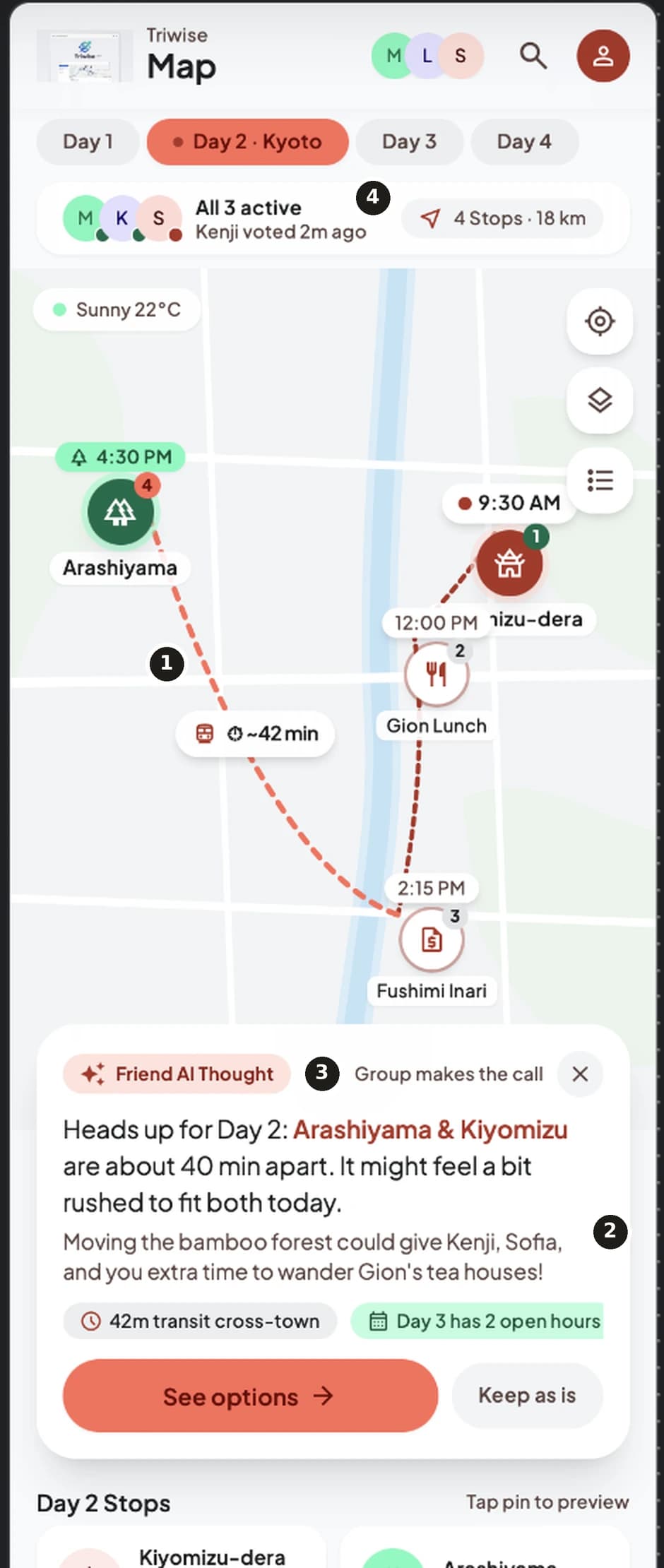 Stitch's first output: a map with an overlay card about two places 40 minutes apart, annotated with four numbered issues